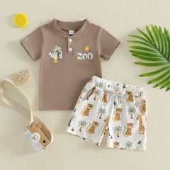 Printed Polo-collar Short-sleeve T-shirt And Shorts Two-piece Set