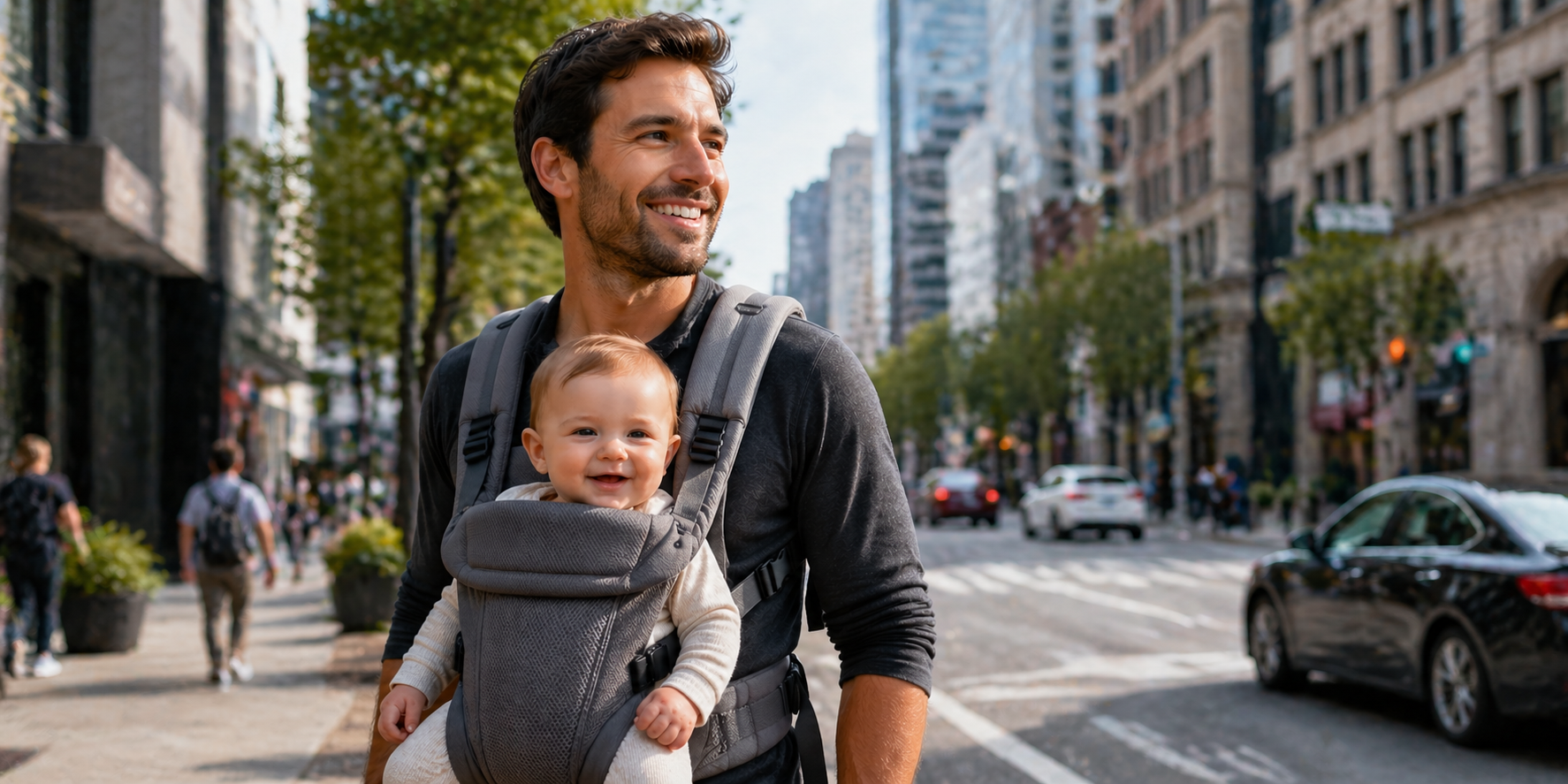 Man carrying a baby in a carrier on a city street