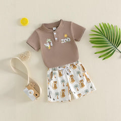 Printed Polo-collar Short-sleeve T-shirt And Shorts Two-piece Set