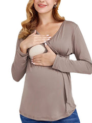 Solid Color Nursing Dress V Neck Long Sleeve Maternity Wear