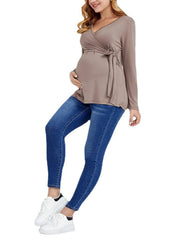 Solid Color Nursing Dress V Neck Long Sleeve Maternity Wear