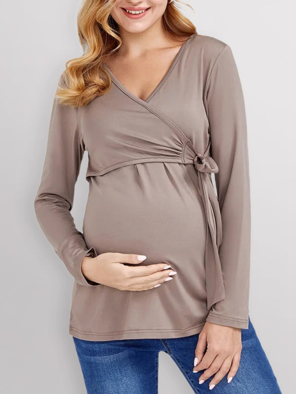 Solid Color Nursing Dress V Neck Long Sleeve Maternity Wear