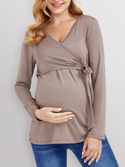 Solid Color Nursing Dress V Neck Long Sleeve Maternity Wear