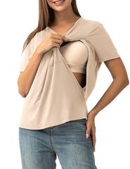 Nursing Top Women Breastfeeding Short Sleeve Maternity Tee Apricot